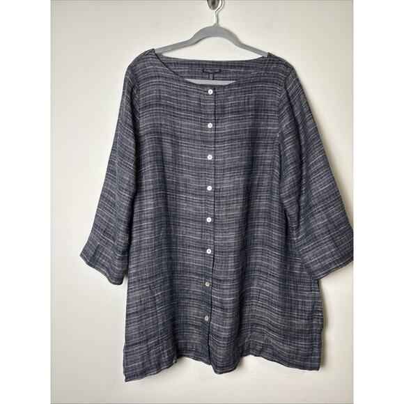 Eileen Fisher Womens Organic Linen Button Up Tunic Top 1X Lagenlook 3/4 Sleeve - Picture 1 of 8